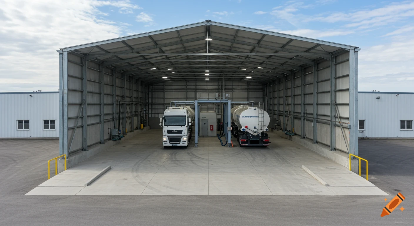 Two white semi-trucks with tank trailers are parked side-by-side inside a large open-sided metal industrial building. Photorealistic, daytime.