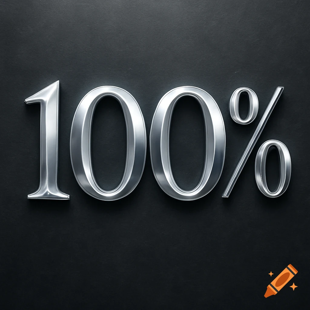 The number 100% rendered in a shiny, metallic silver style against a dark background.
