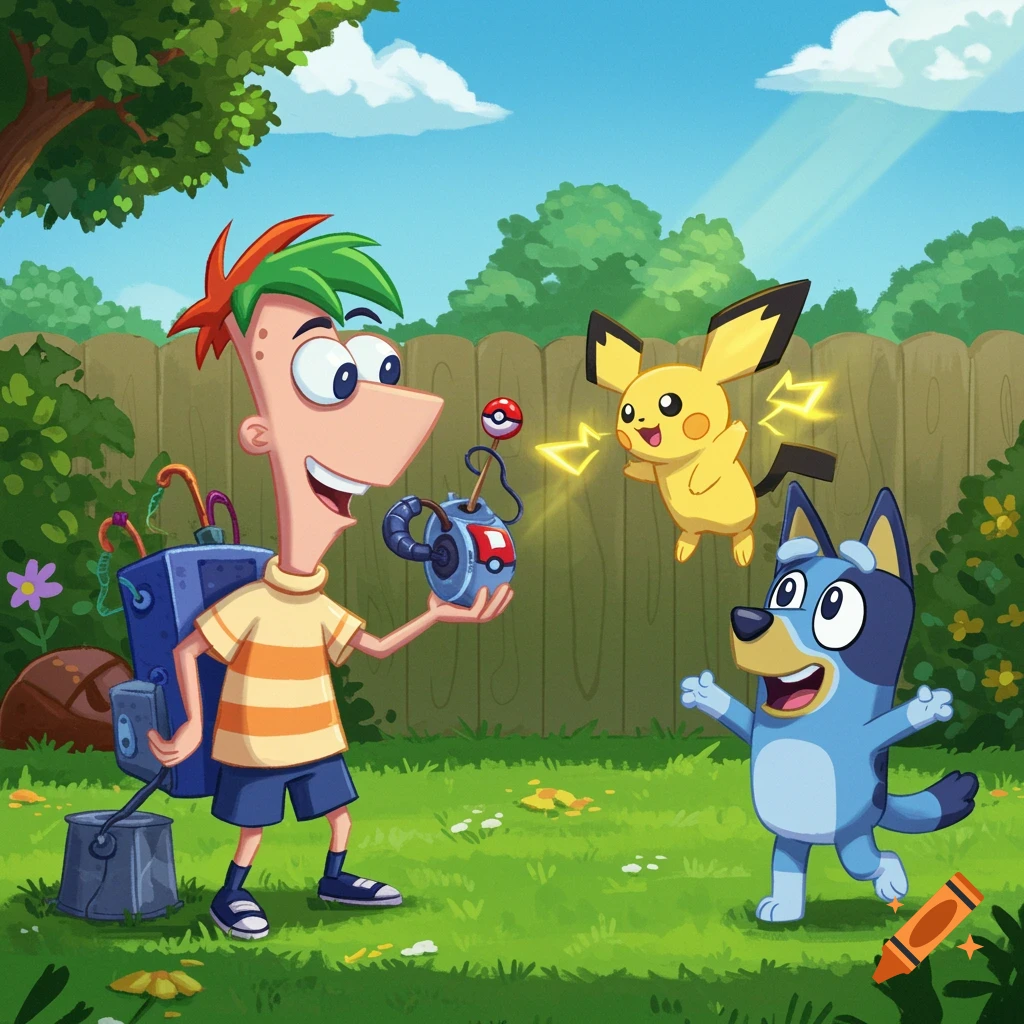 Phineas from Phineas and Ferb holds a device while Pichu from Pokémon floats with electricity and Bluey the dog looks on in a sunny backyard.