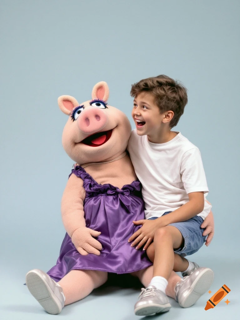 A smiling young boy in a white t-shirt and blue shorts sits on Miss Piggy's lap, who is wearing a purple dress and silver shoes, against a light blue background.