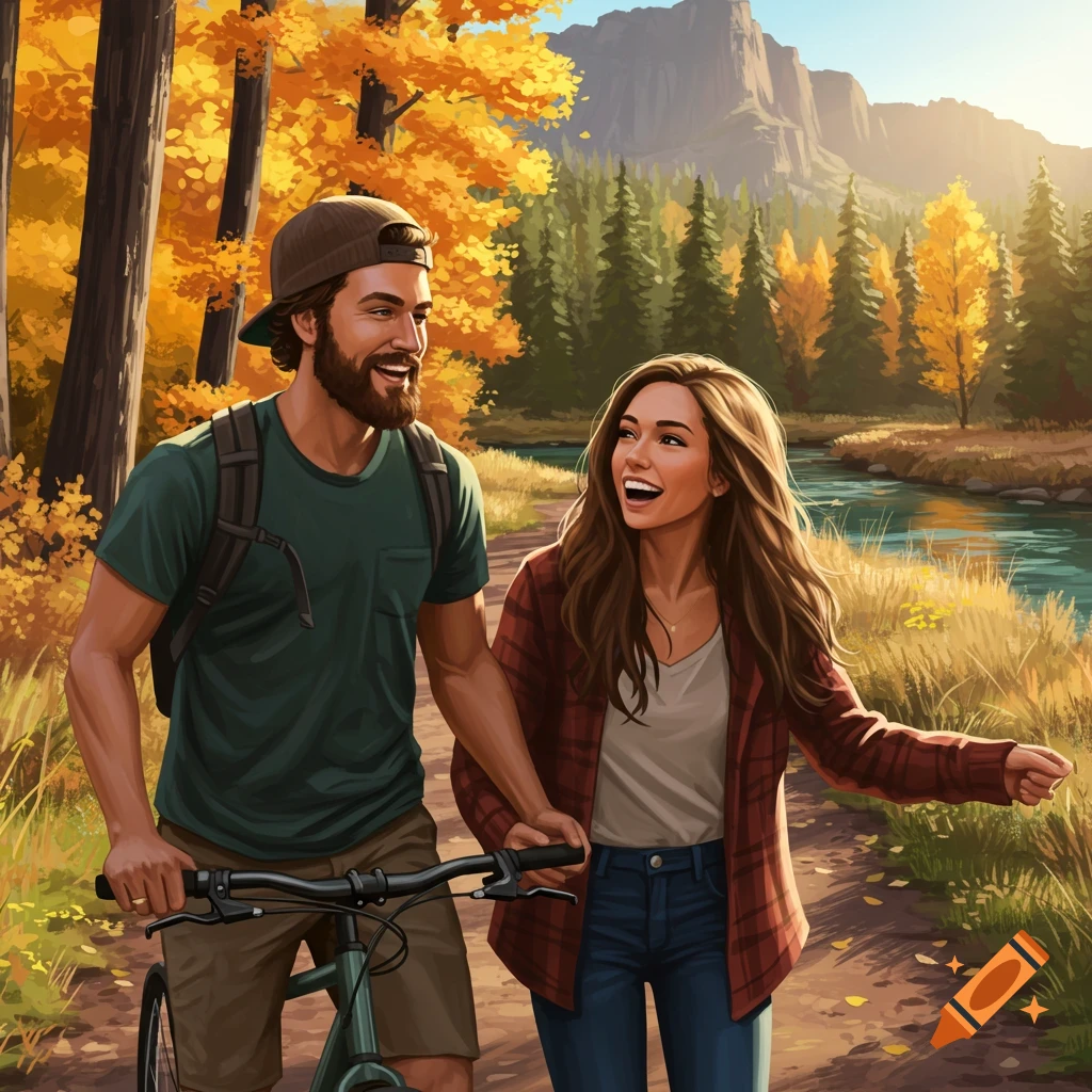 A smiling couple walks along a path in an autumn forest next to a river with mountains in the background, the man pushing a bicycle.