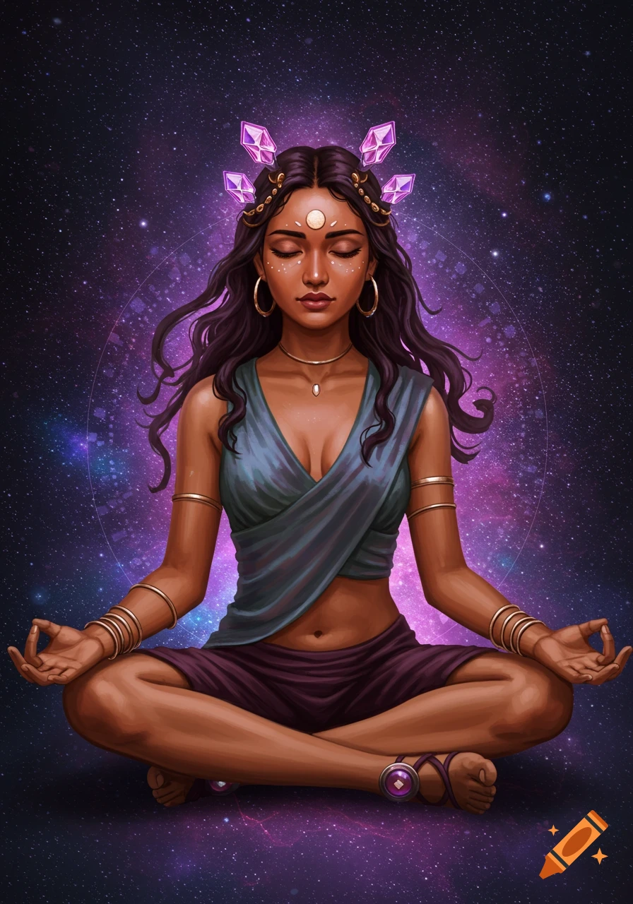 Young South Asian woman meditating in lotus pose, with glowing purple crystals in her hair, against a starry galaxy background.