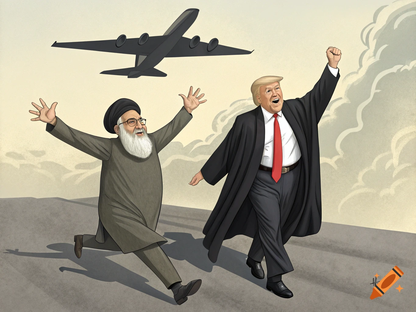 Cartoon of Donald Trump cheering as the leader of Iran runs scared from a B-2 bomber flying overhead.