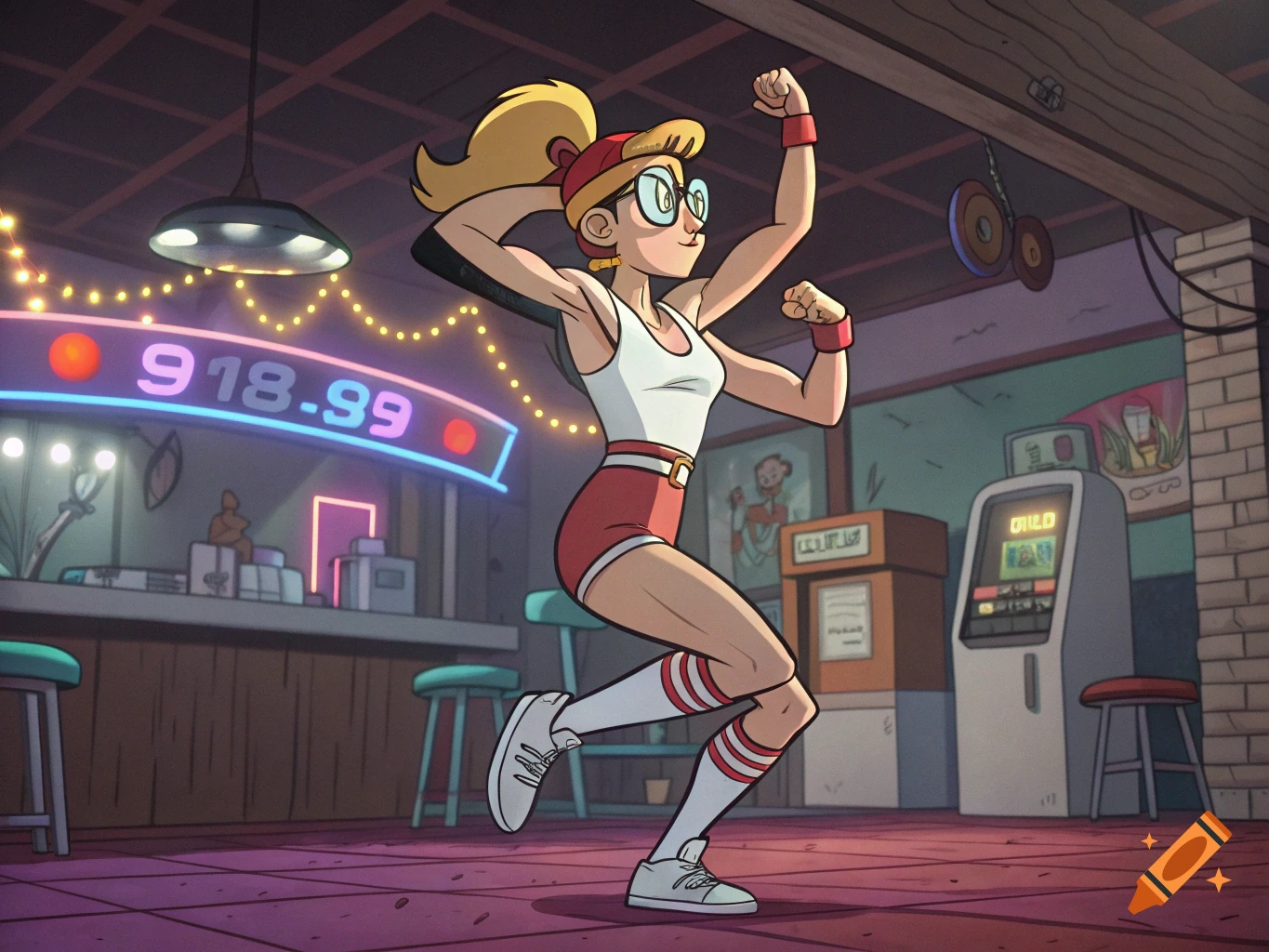 A cartoon girl with blonde hair in a ponytail and glasses, wearing a white tank top and red shorts, poses dynamically in a retro gym setting.