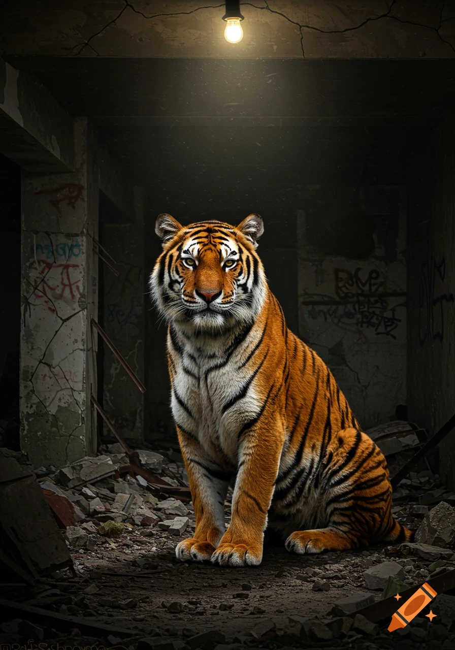 A photorealistic image of a tiger sitting calmly in a dark, dilapidated abandoned building under a single light bulb.