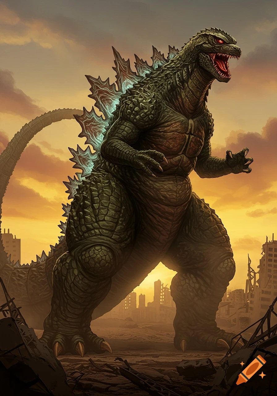 Illustration of Godzilla roaring with glowing fins in a ruined city under an orange sky.