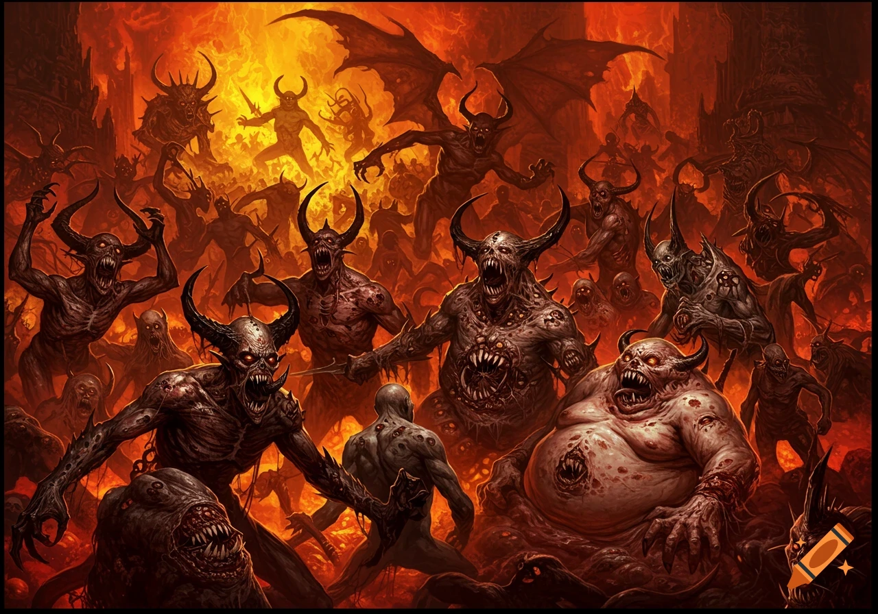 A detailed, fiery depiction of numerous grotesque demonic creatures with horns, fangs, and exposed flesh in a hellish landscape.