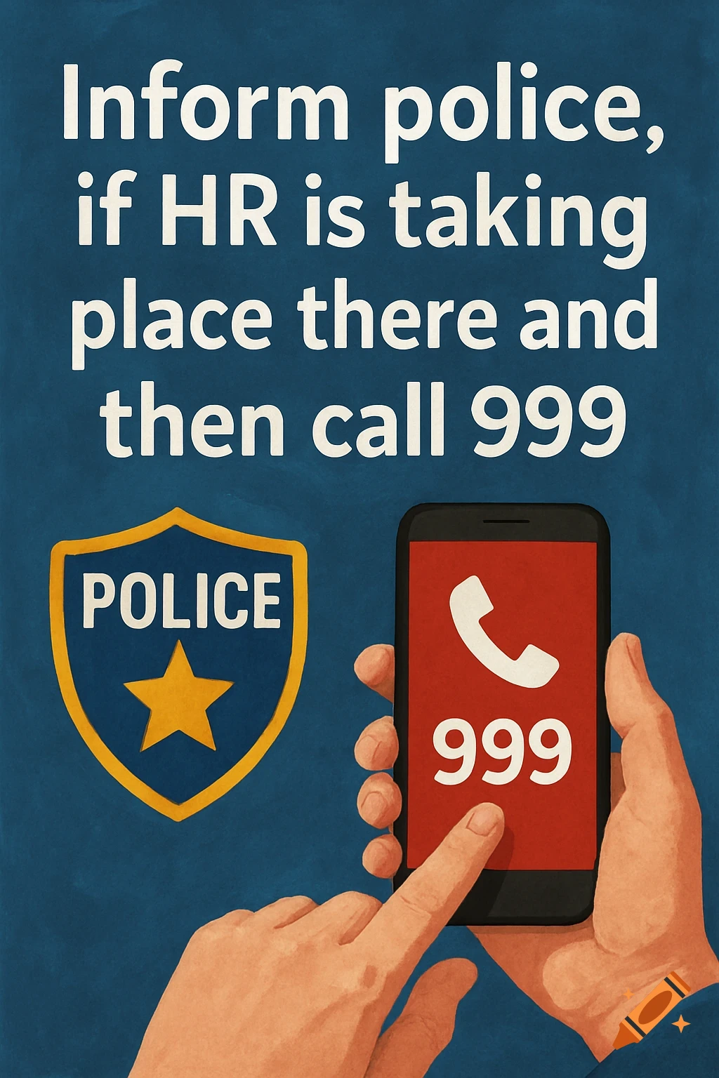 An informational poster showing a police badge, a hand holding a phone dialing 999, and text 'Inform police, if HR is taking place there and then call 999'.