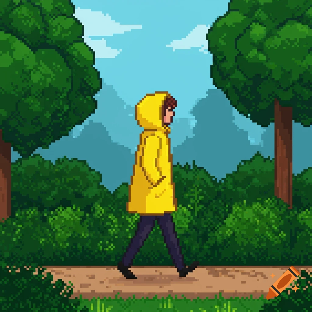 A pixel art side view of a person in a yellow raincoat walking on a dirt path through a green forest under a blue sky.