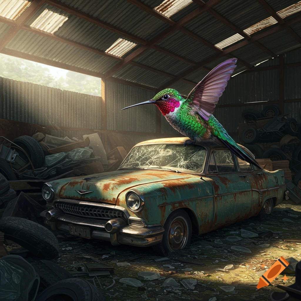 A vibrant hummingbird perched on a rusty, old car in a dimly lit junkyard, photorealistic style.