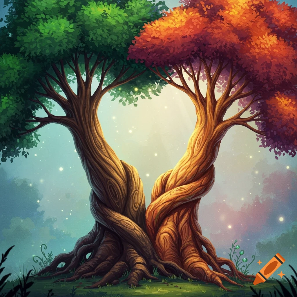 Stylized illustration of two entwined trees, one green and one reddish-orange, on a grassy knoll with magical glowing particles.