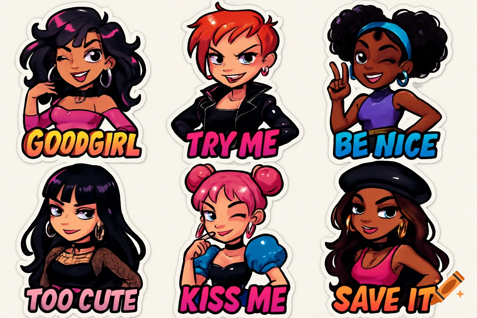 Six colorful, stylized female character stickers with various expressions and bold text phrases like "GOODGIRL" and "KISS ME".