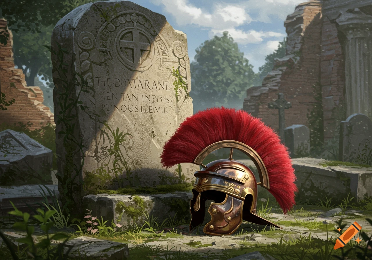 A Roman centurion's helmet with a red plume rests before an ancient, moss-covered gravestone with illegible text, amidst ruins.