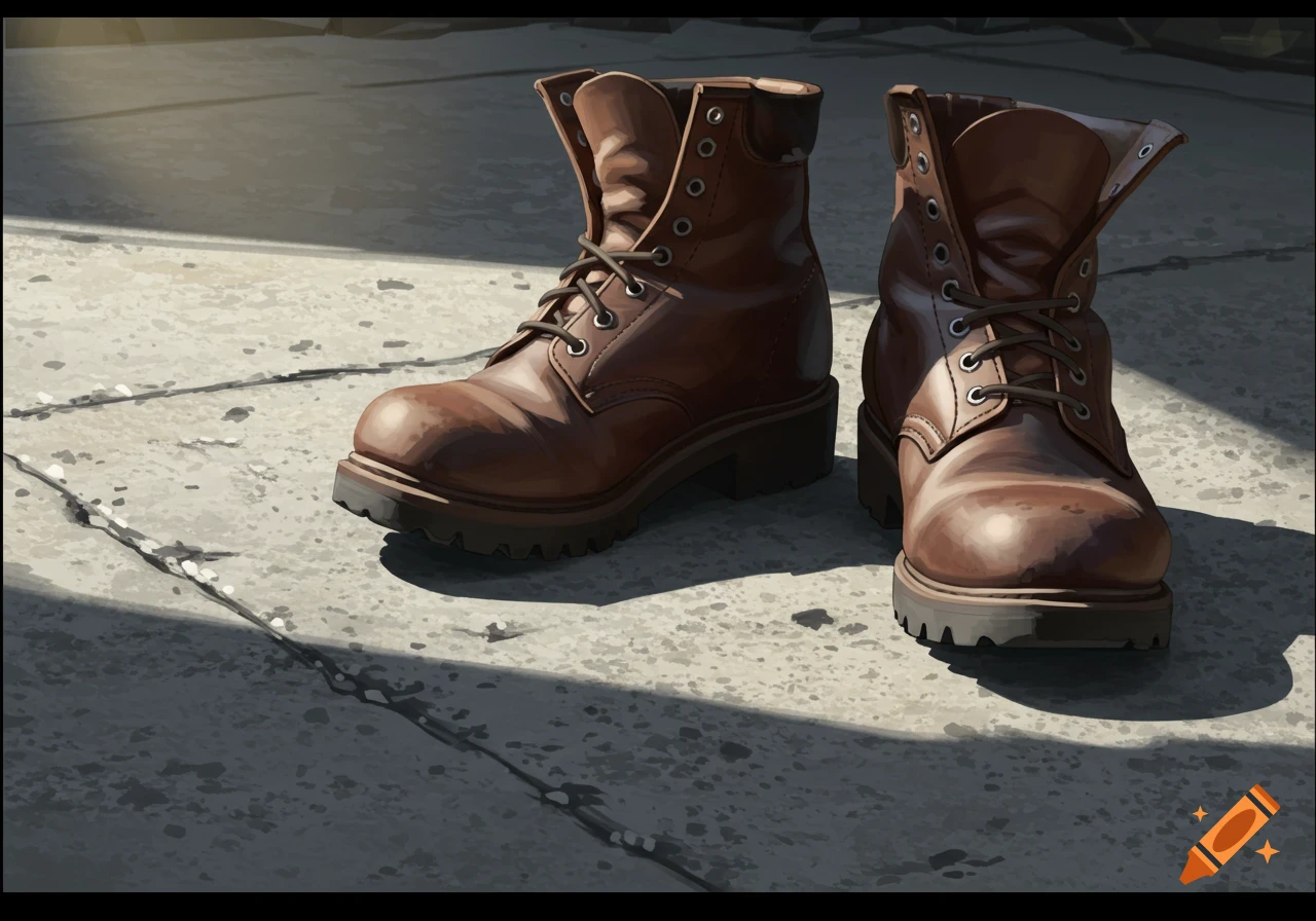 A pair of brown leather boots sit on a concrete sidewalk, with areas of sunlight and shadow.