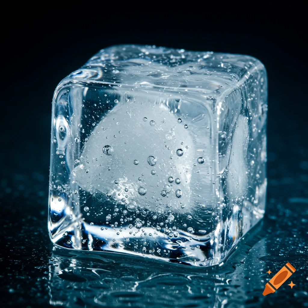 A crystal clear ice cube with intricate bubbles melting into a pool of shimmering water on a dark surface, captured in a detailed photorealistic style.