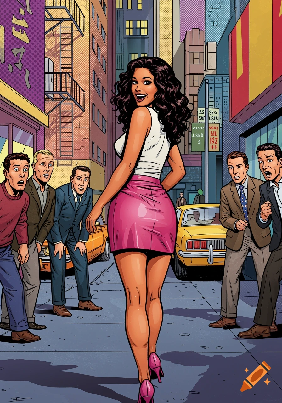 A woman in a pink skirt walks down a city street, smiling at a group of men who stare at her, in a comic book art style.