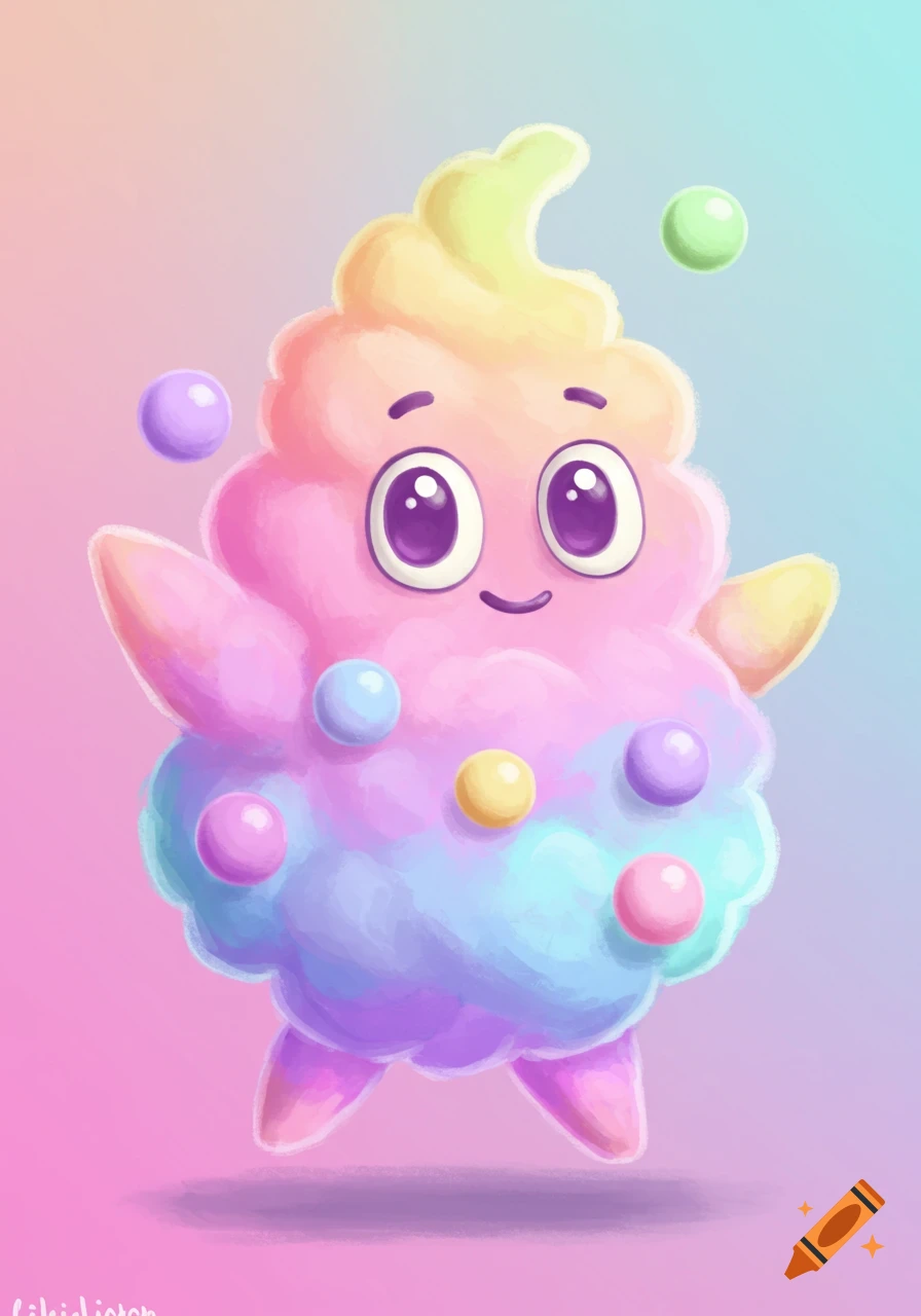 A colorful, cute, fluffy creature resembling cotton candy with big eyes and a smile, surrounded by colorful bubbles, in a digital painting style.
