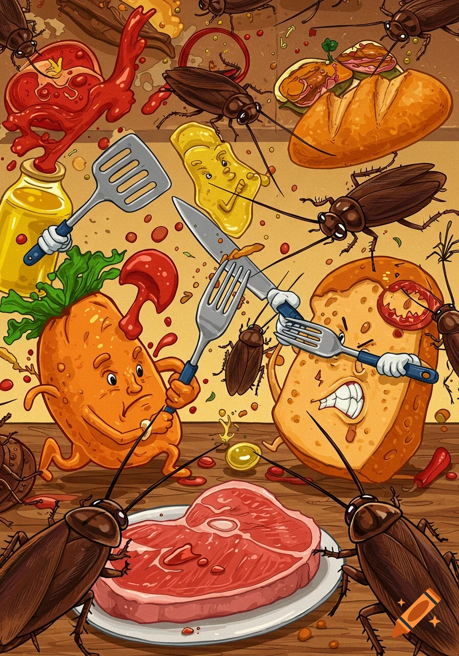 A vibrant cartoon illustration depicting anthropomorphic food items, like a potato and bread, battling giant cockroaches with kitchen utensils.