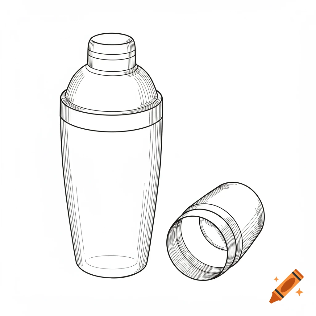 A black and white line drawing of a cocktail shaker with its lid off, resting beside it.