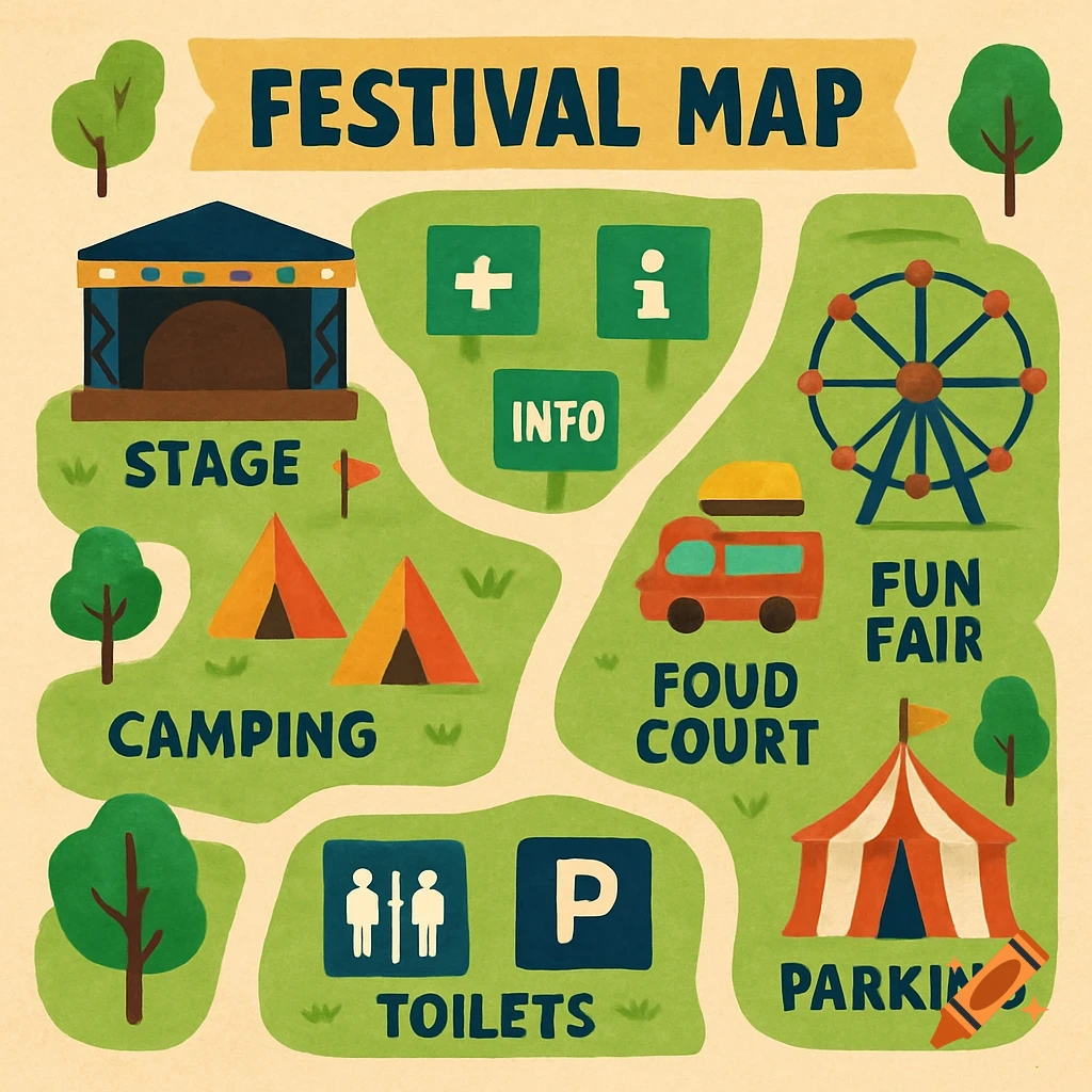 A colorful cartoon festival map showing locations like a stage, camping, fun fair, food court, toilets, and parking.