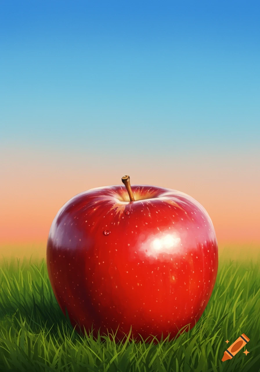 A vibrant red apple sits on green grass with a blue and orange gradient sky.