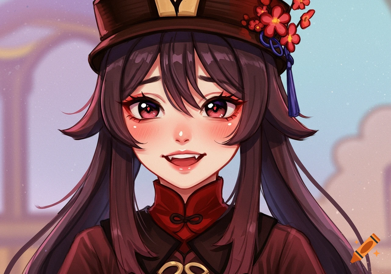 Close-up anime illustration of Hu Tao, a girl with long dark hair, red eyes, and rosy cheeks, wearing a brown hat and red top, smiling with bared fangs.