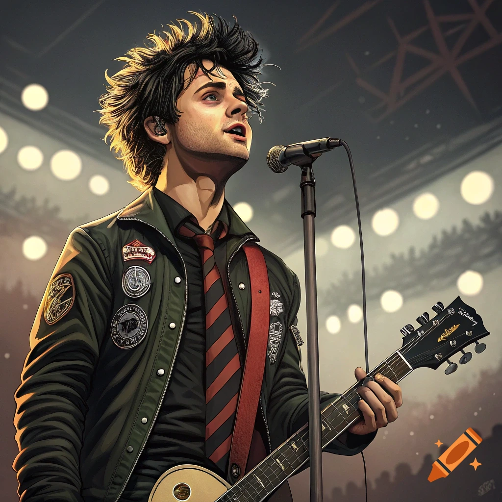 A stylized illustration of Billie Joe Armstrong on stage, singing into a microphone while playing a guitar.