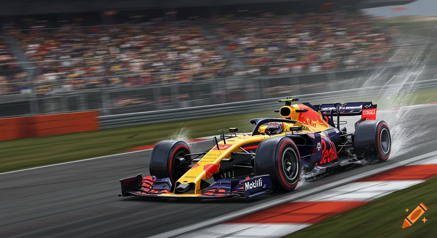 A vibrant yellow and red Formula 1 car races on a wet track, splashing water, with a blurry grandstand full of spectators in the background.