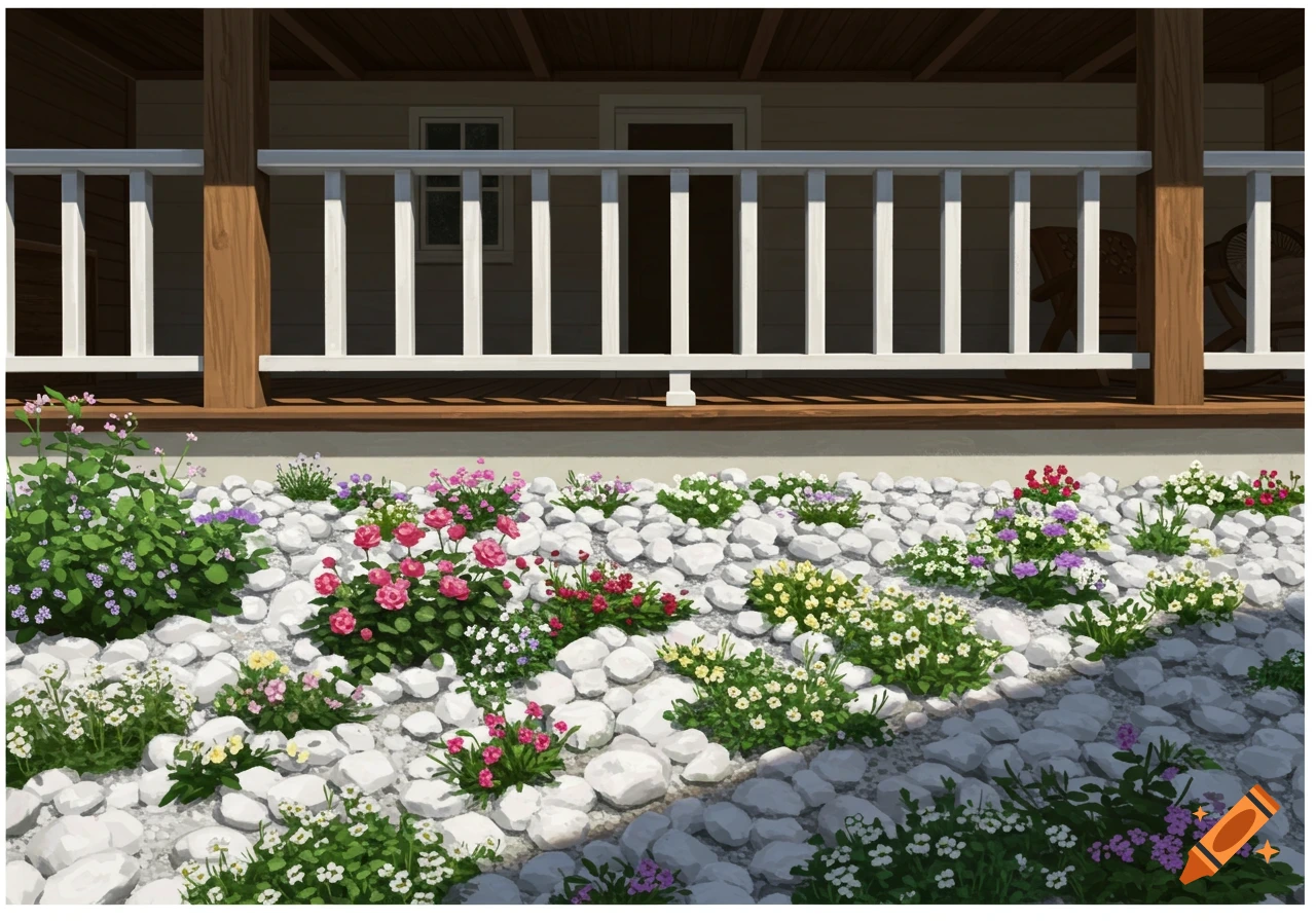 A colorful flower garden with white stones in front of a house veranda with white railings, in an illustrative style.