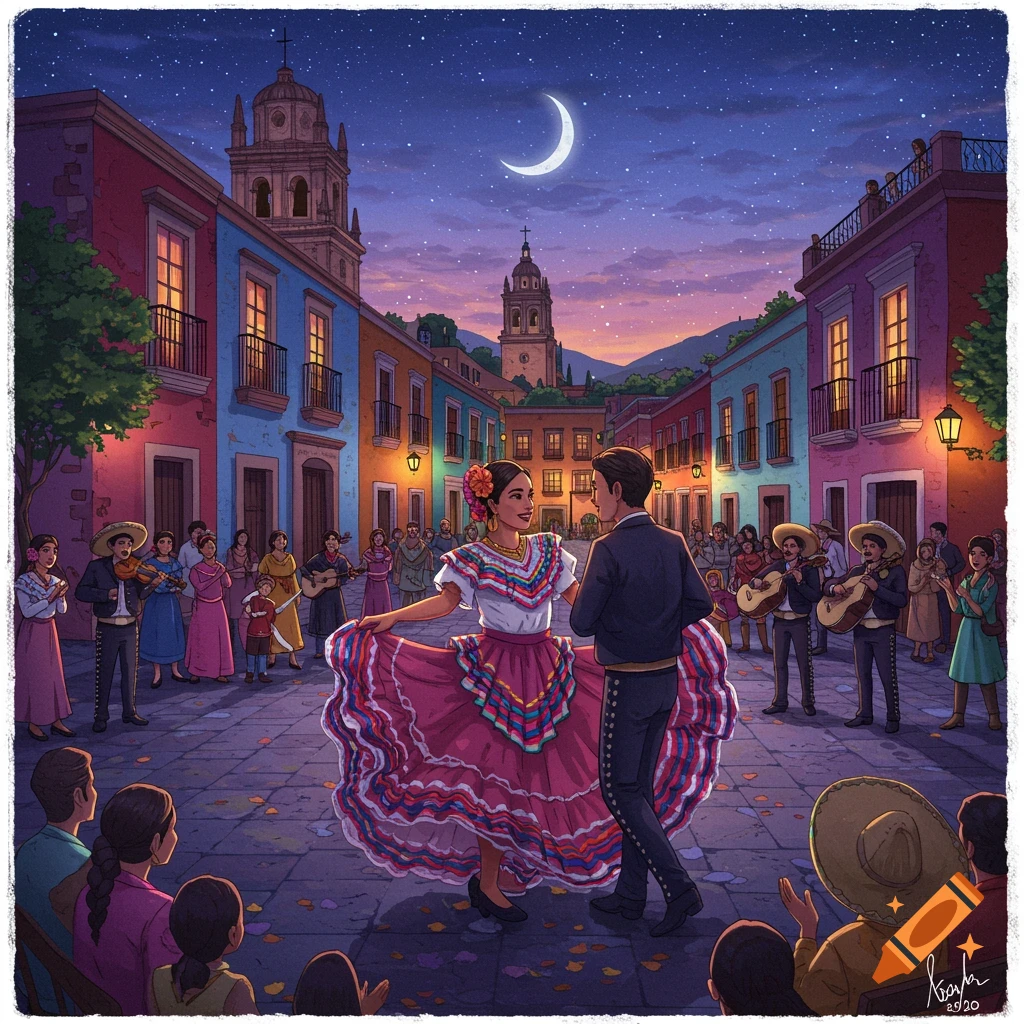 Vibrant illustration of a Mexican couple in traditional dress dancing in a colorful plaza at dusk with onlookers and a crescent moon.