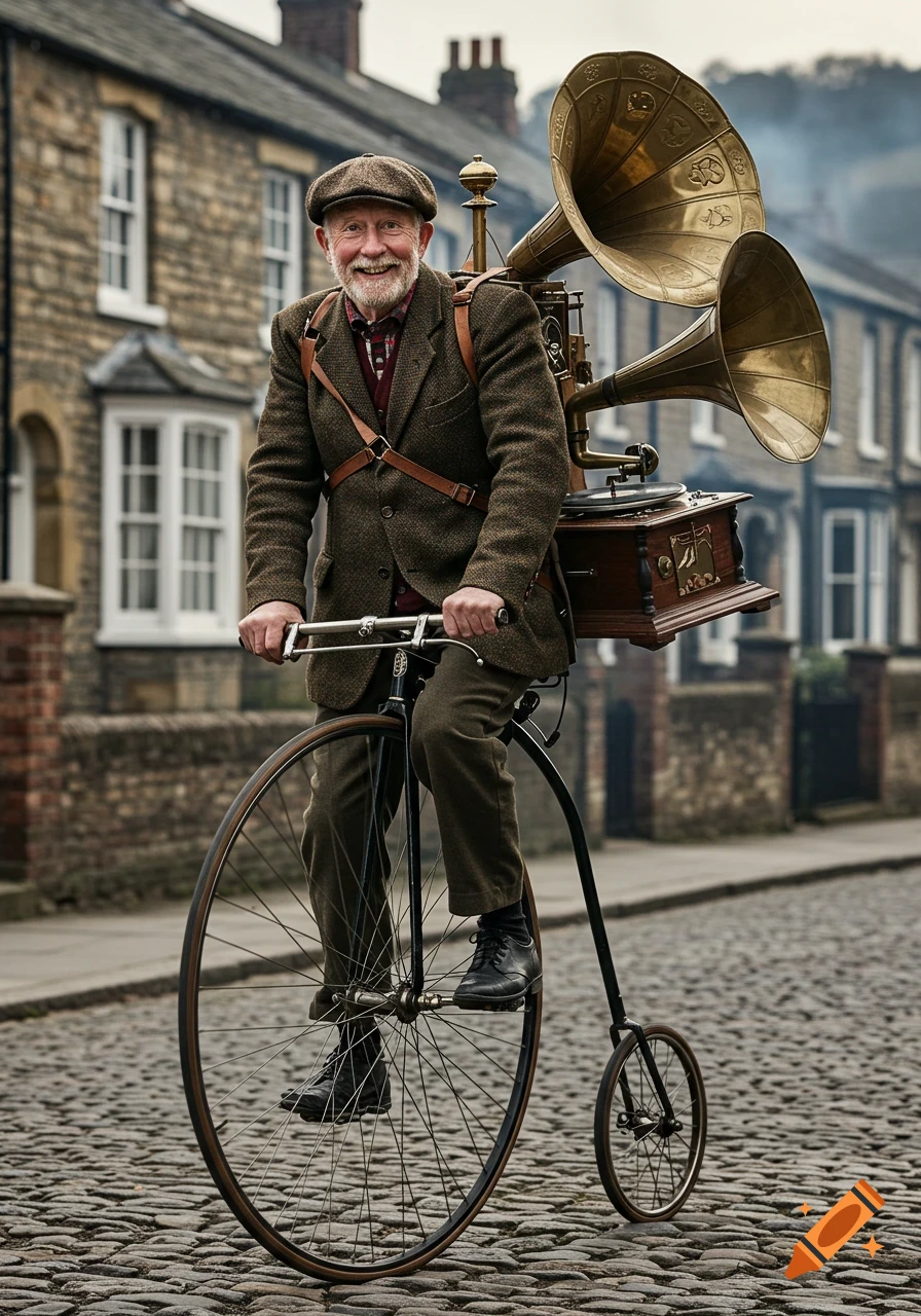 An old man with a beard and flat cap rides a penny-farthing bicycle with a gramophone and large speakers attached to his back on a cobblestone street.