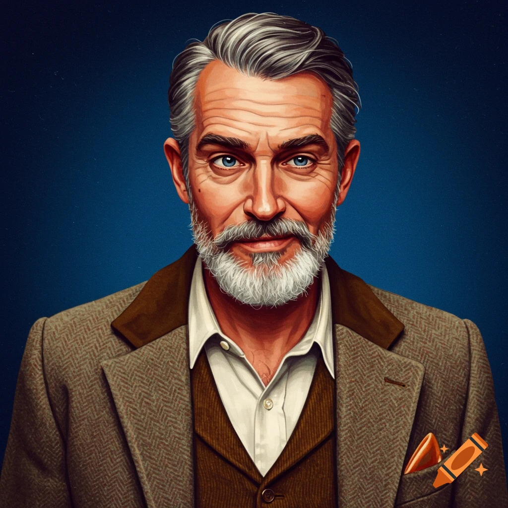 Illustration of a dignified older man with gray hair and a white beard, wearing a brown tweed suit jacket and vest, against a blue background.