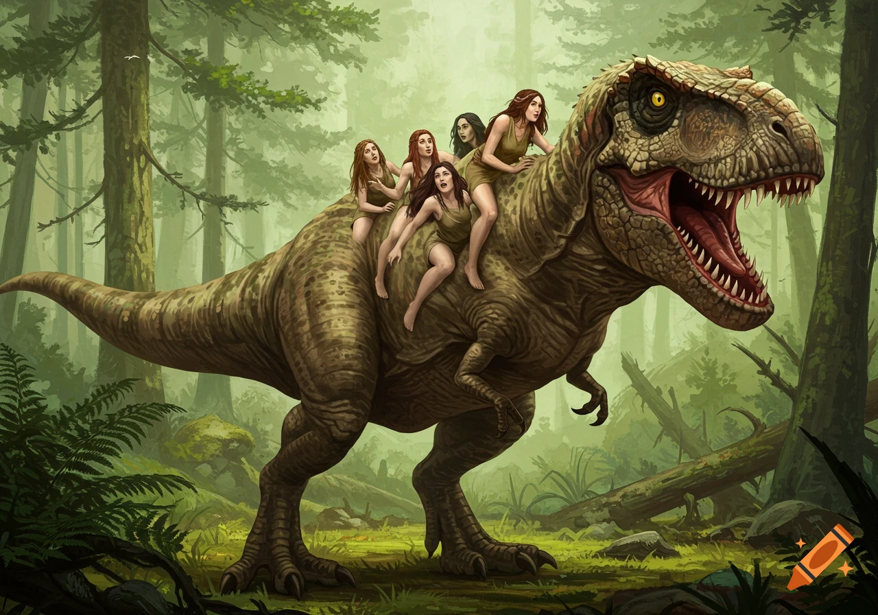 Five women in tunics ride on the back of a large Tyrannosaurus Rex ...