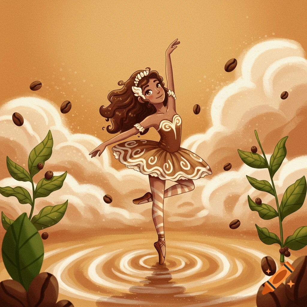 A whimsical cartoon ballerina in a coffee-themed costume dances on a latte art surface, surrounded by coffee beans and plants.