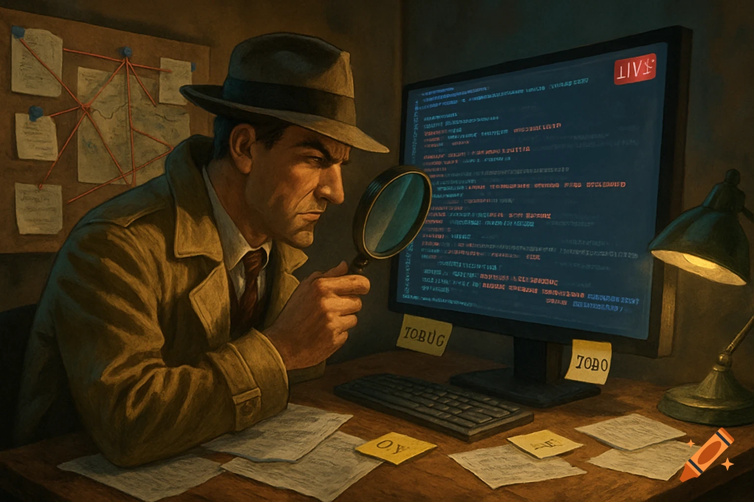 A detective in a trench coat and fedora examines a computer monitor with a magnifying glass, surrounded by scattered papers and a pinboard with connected clues, in a vintage-modern office.