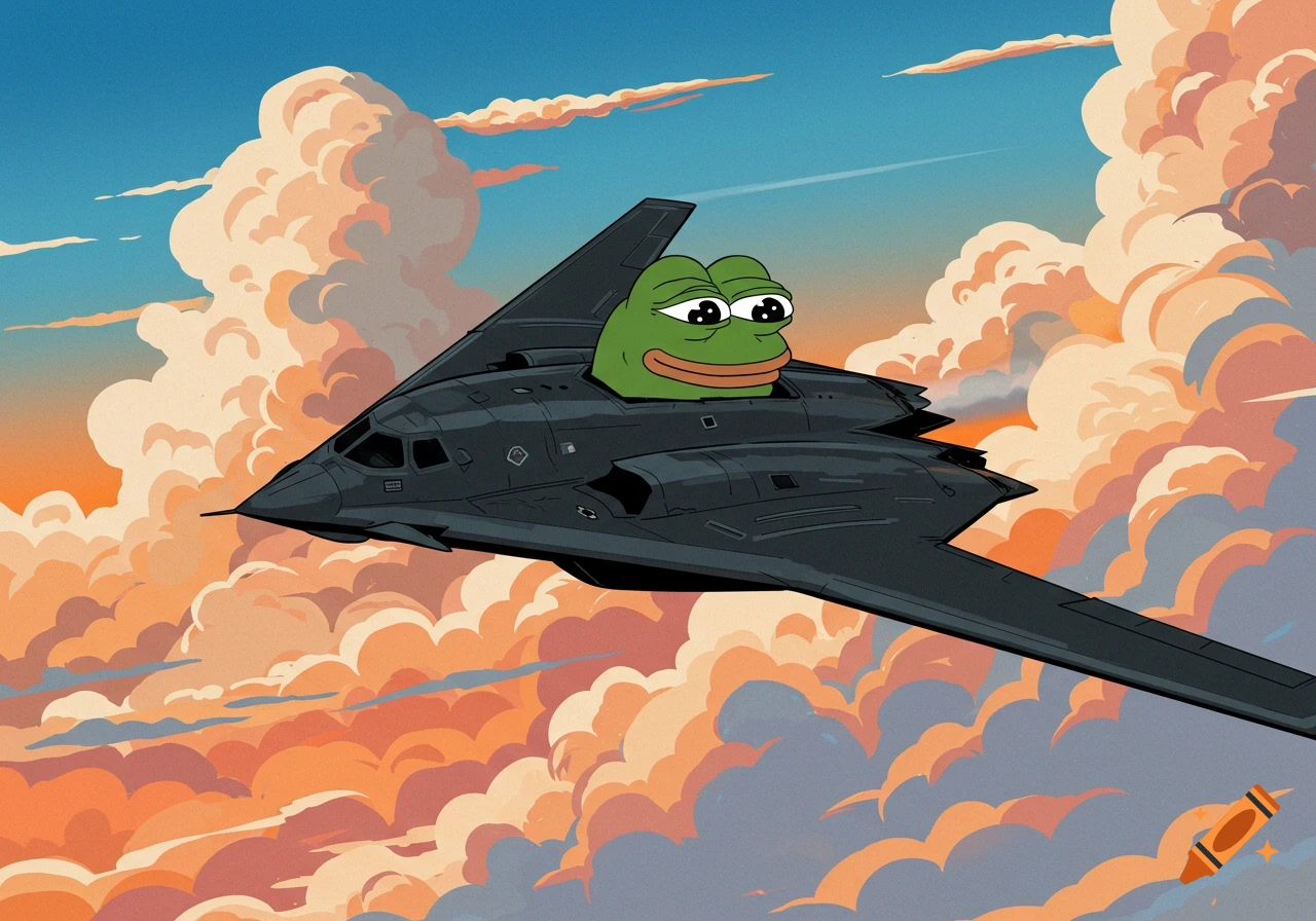 A cartoon Pepe the Frog pilots a B2 stealth bomber through an orange and blue cloudy sky.