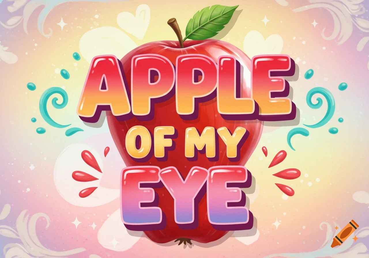 A vibrant, colorful illustration of a red apple with the phrase "APPLE OF MY EYE" in stylized, bubbly text.