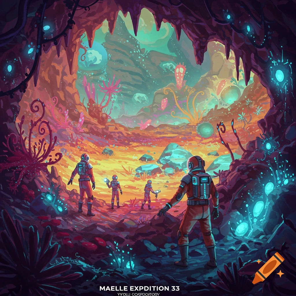 Astronauts explore a vibrant alien cave with glowing plants and strange rock formations under a colorful sky.