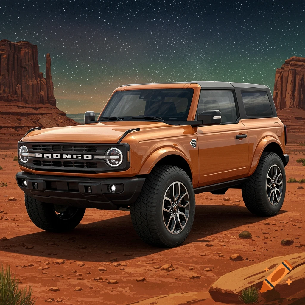 A photorealistic orange Ford Bronco SUV parked in a red desert with rock formations under a starry night sky.