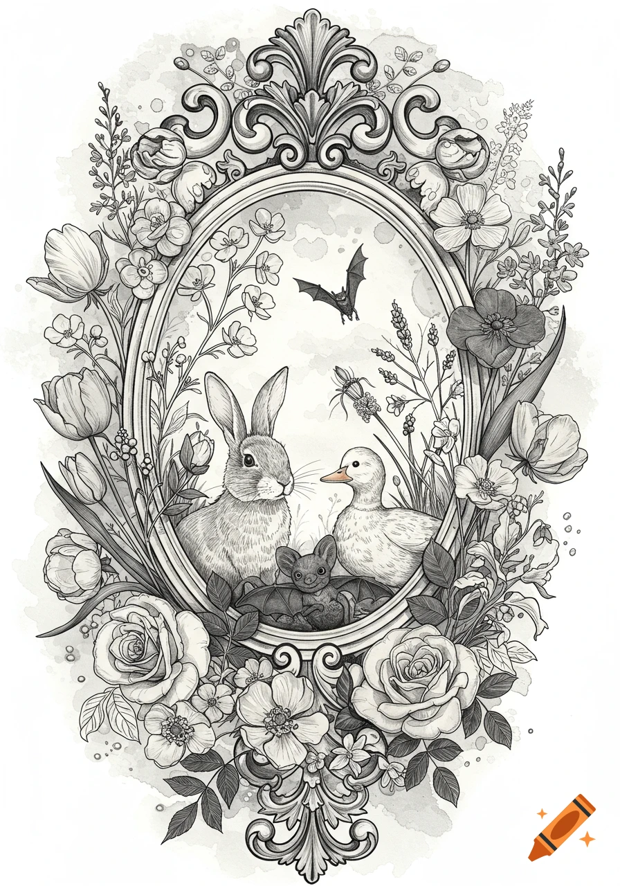 Black and white drawing of a bunny, duck, and bats in an ornate floral frame with roses, tulips, and wildflowers.