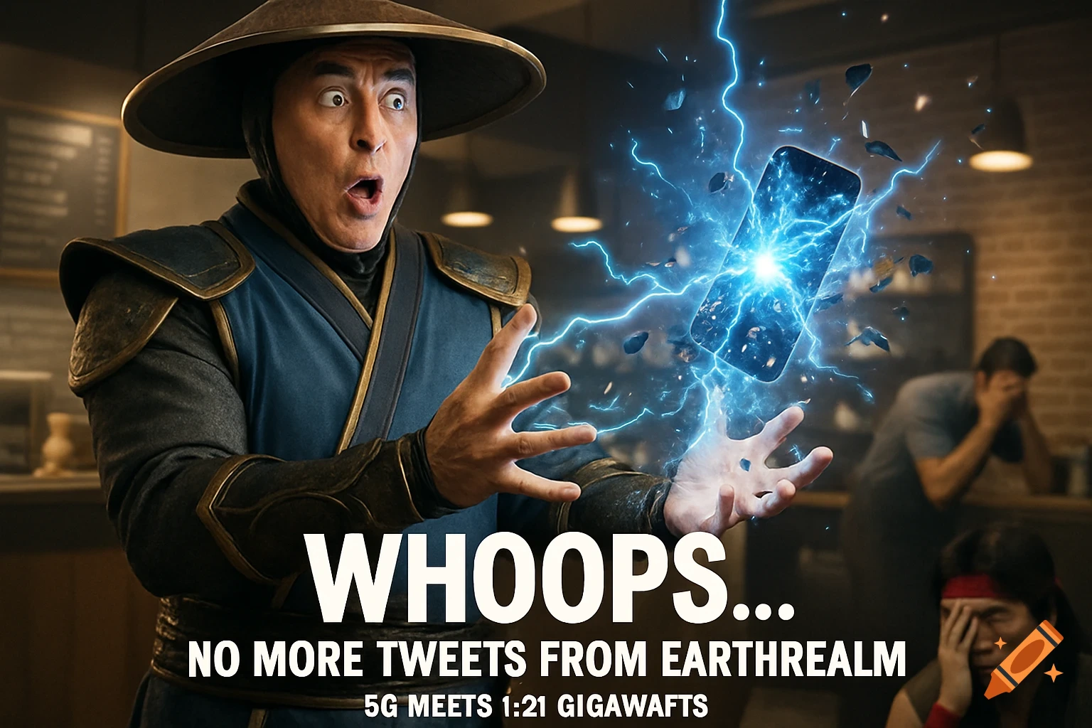 Raiden from Mortal Kombat looks shocked as he accidentally zaps a smartphone with blue lightning, making it explode. Text reads 'WHOOPS... NO MORE TWEETS FROM EARTHREALM'.