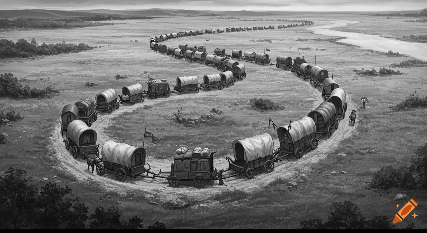 A long medieval caravan of wagons winds through a vast, open landscape with a river, in black and white.