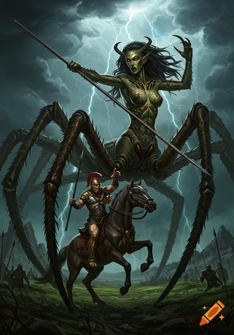 A large green half-woman half-spider monster with horns and red eyes holds a spear under a lightning storm, facing a Roman warrior on horseback with a spear.