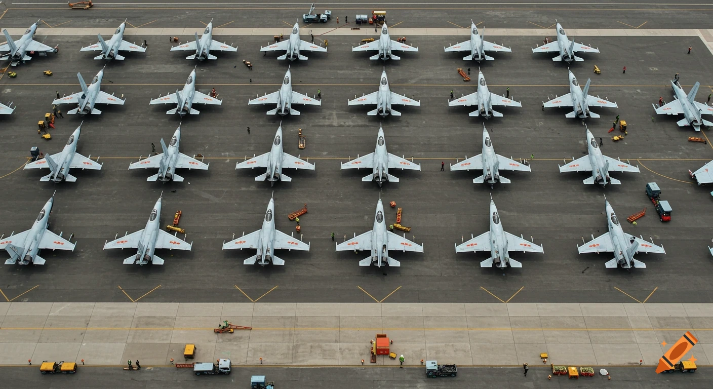 An aerial view of dozens of military fighter jets parked in neat rows on a vast tarmac.