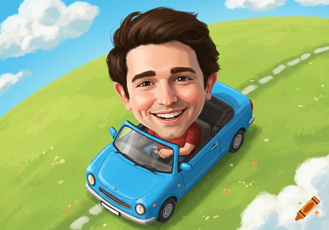 A smiling, big-headed young man in a cartoon style drives a blue tiny convertible car on a green grassy hill under a blue sky.