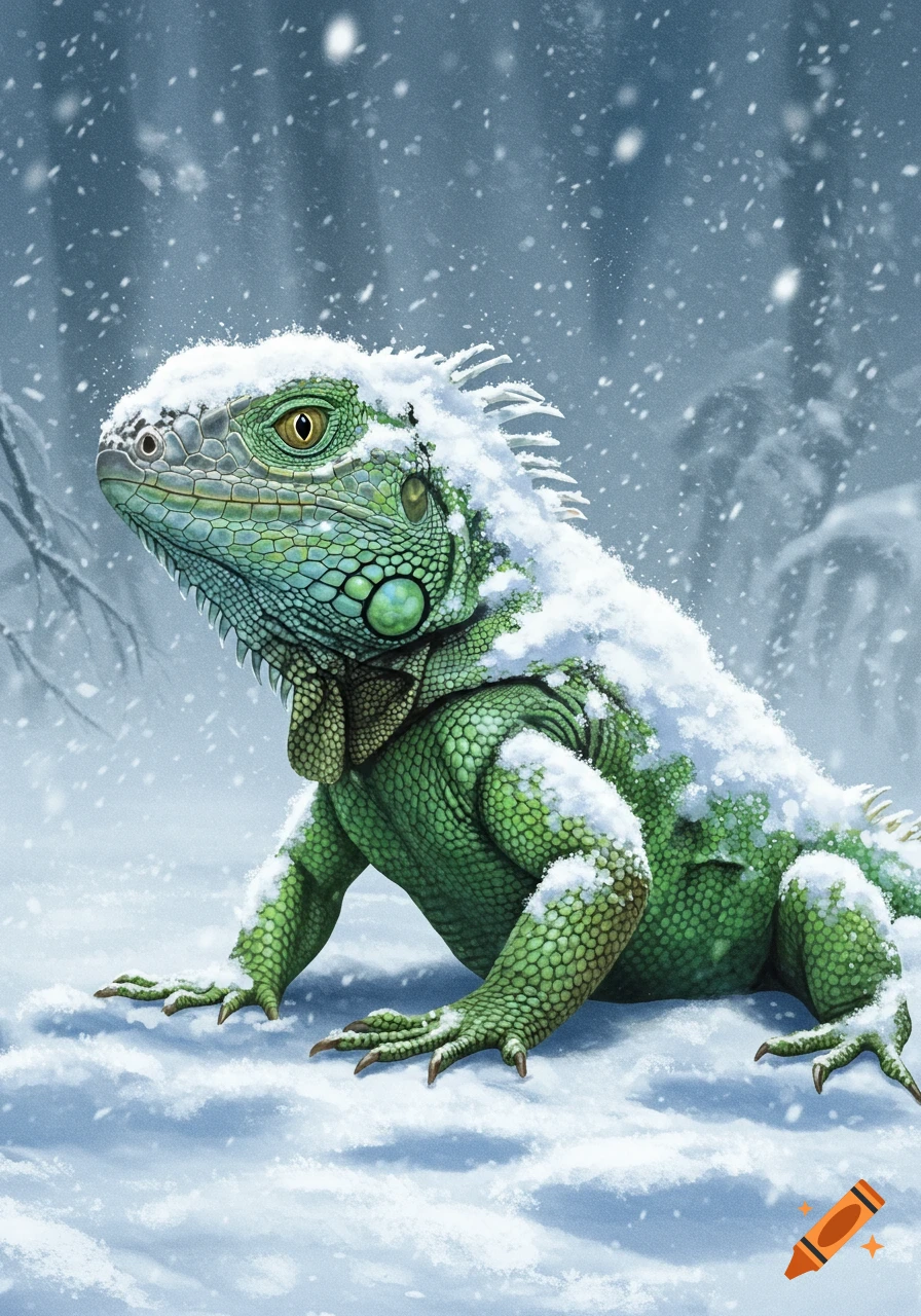 A vibrant green iguana covered in snow stands in a snowy landscape with falling snowflakes.