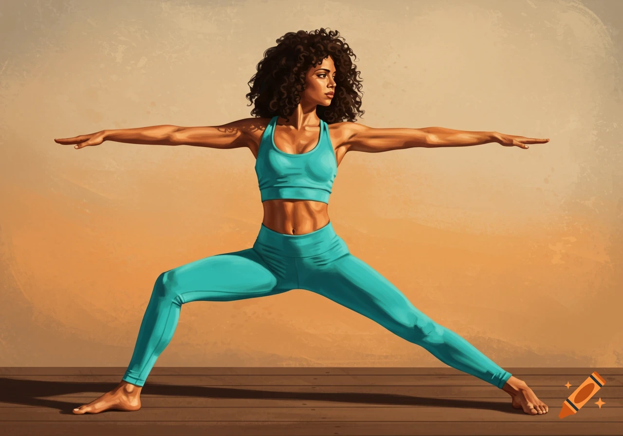 A fit woman in a teal yoga outfit performs a Warrior II pose on a wooden floor in a digital painting style.