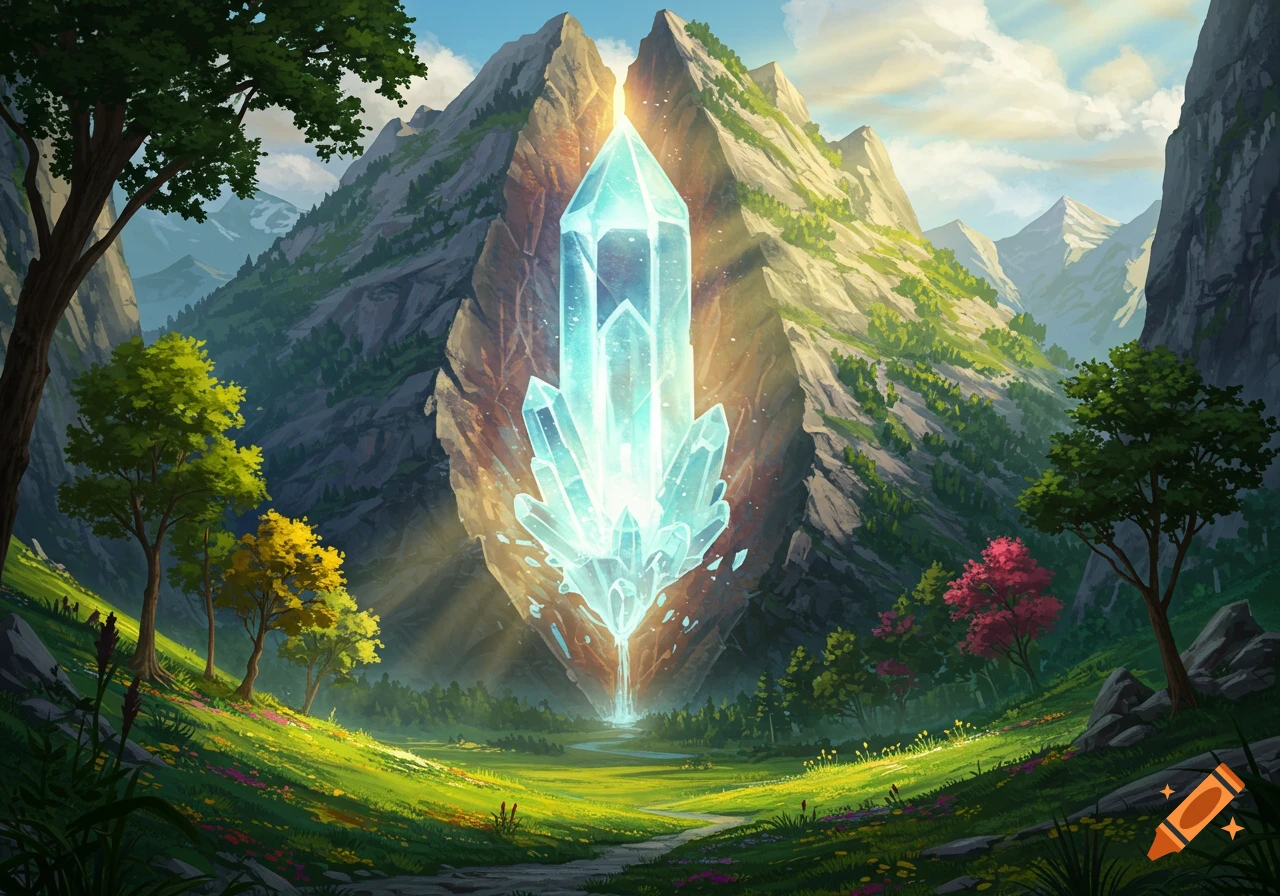 A glowing blue crystal emerges from a split mountain, surrounded by a lush green valley with colorful trees and flowers in a fantasy art style.