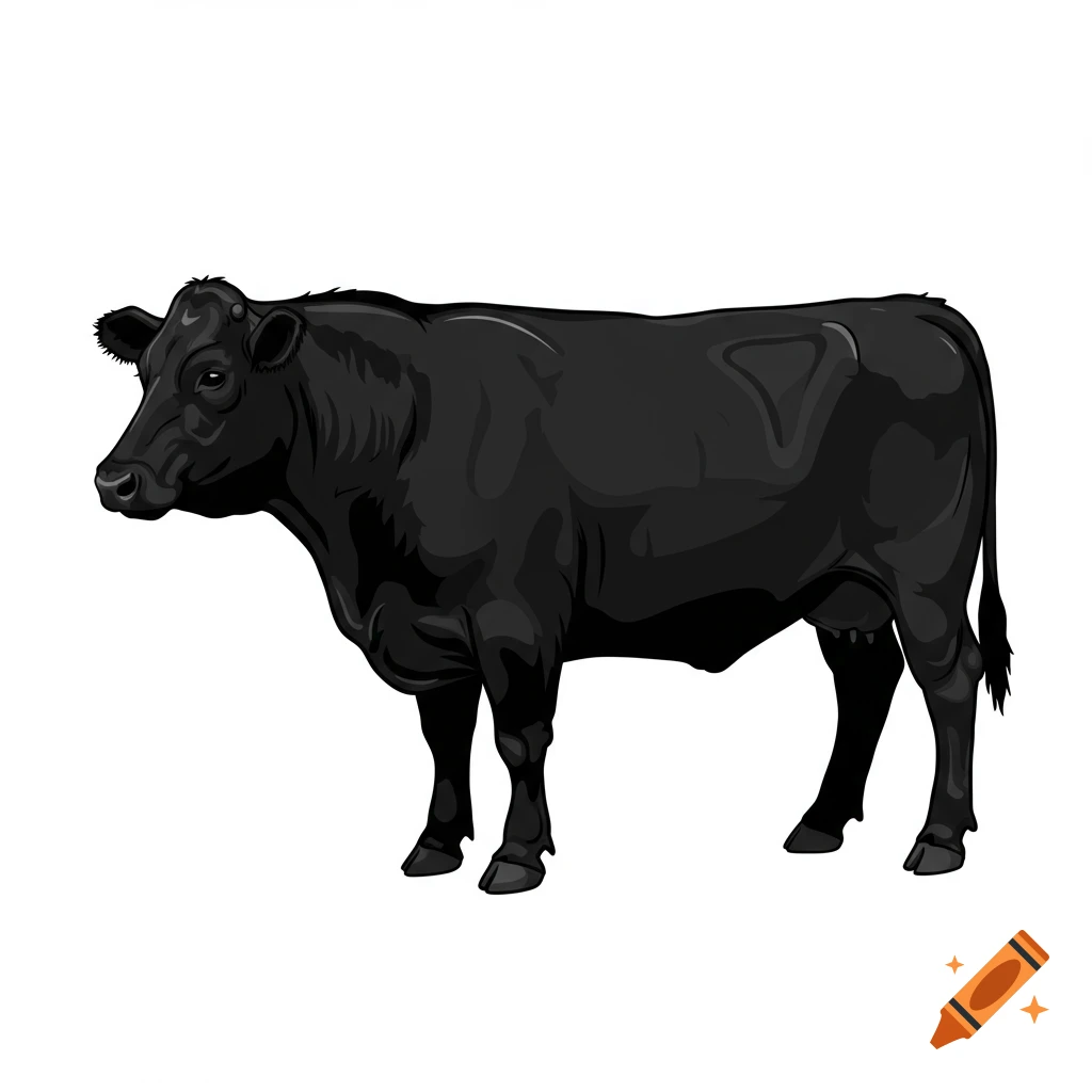 A black Angus cow in a vector art style, standing on a white background.