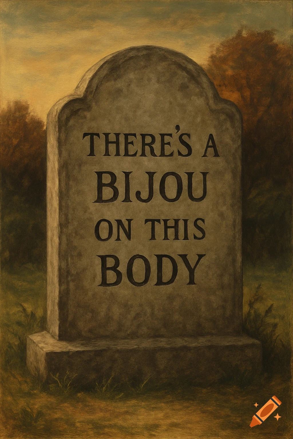 A painting of a gray tombstone in a grassy field with trees under an orange sky. The tombstone reads 'THERE'S A BIJOU ON THIS BODY'.